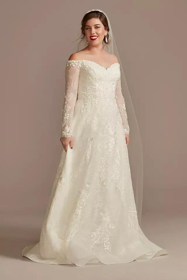 Leafy Applique Lace Off the Shoulder Wedding Dress Image