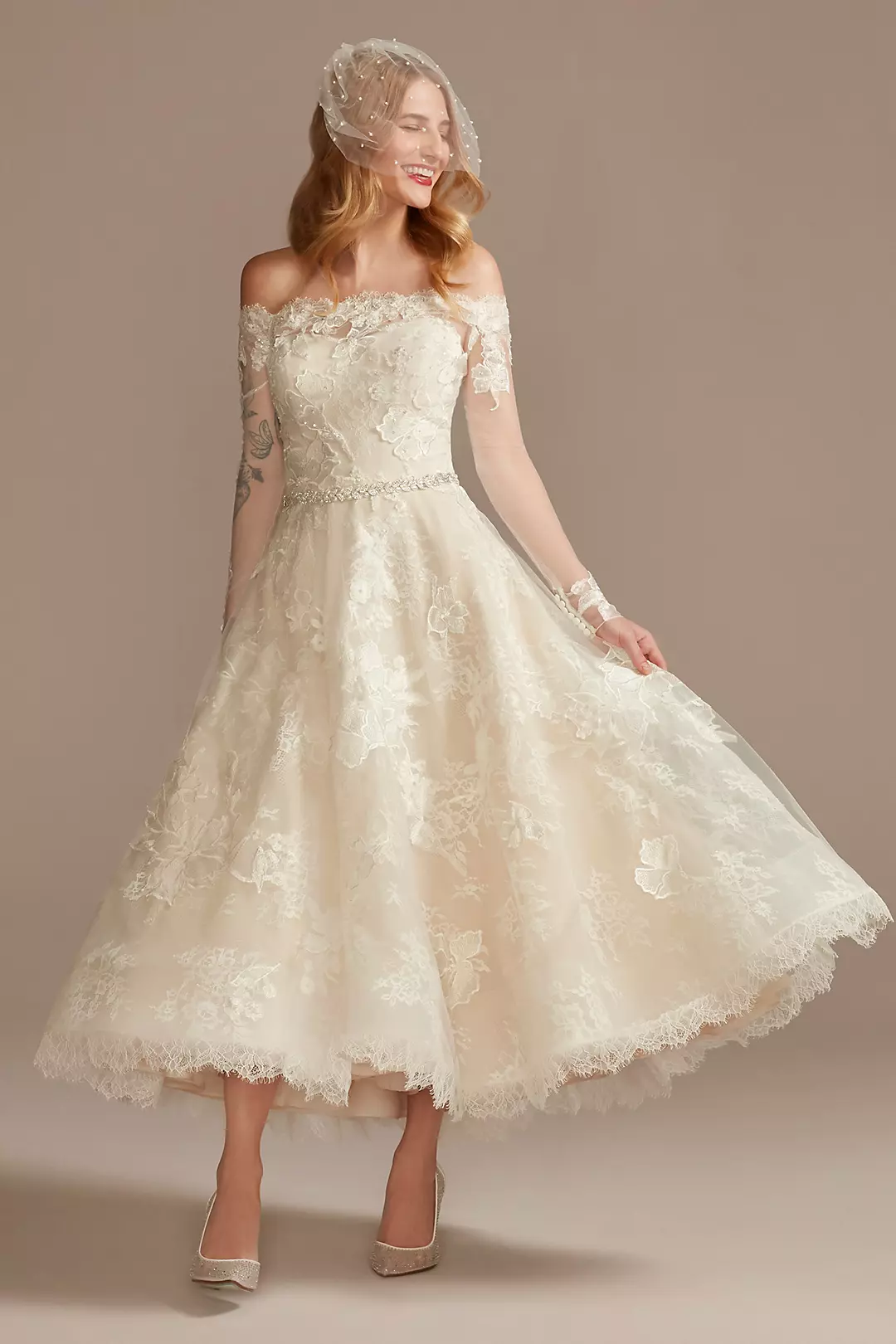 Off Shoulder Applique Plus Size Wedding Dress Image