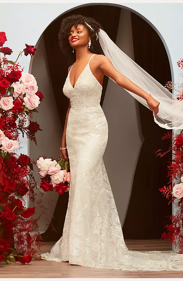 Strappy Beaded Applique Tulle Sheath Wedding Dress Image 6