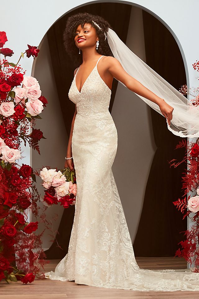 Strappy Beaded Applique Tulle Sheath Wedding Dress Image 7