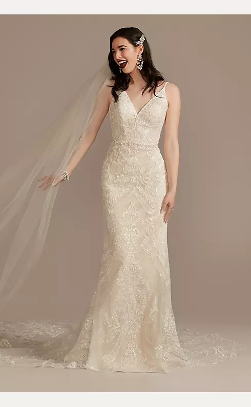 Strappy Beaded Applique Tulle Sheath Wedding Dress Image 1