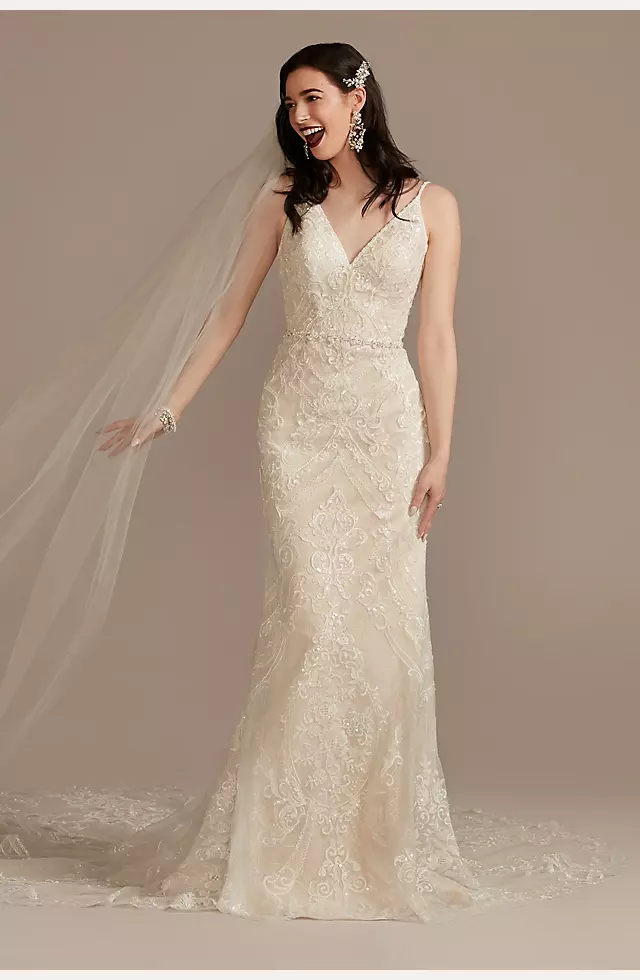 Strappy Beaded Applique Tulle Sheath Wedding Dress Image