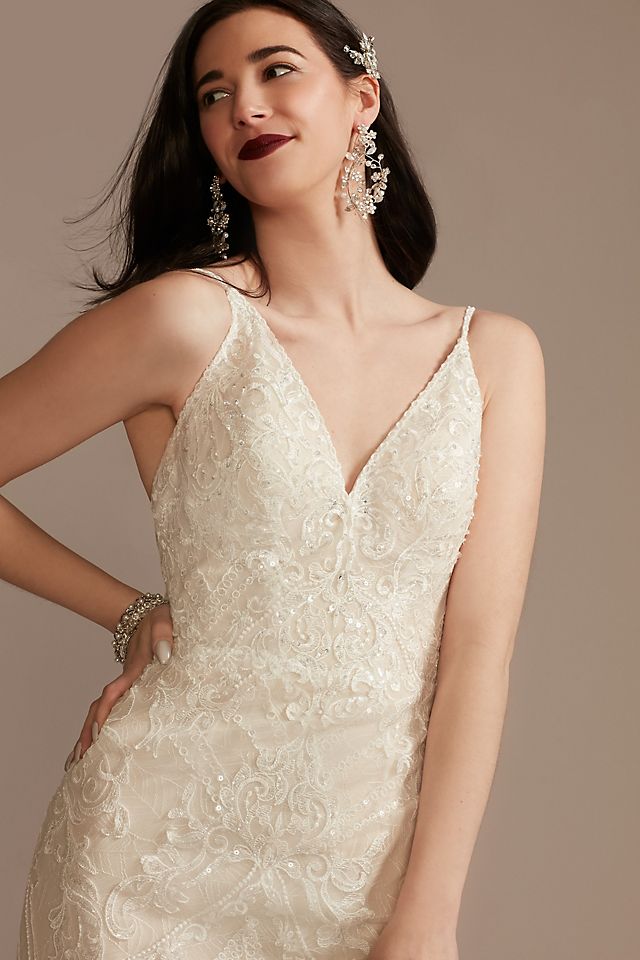 Strappy Beaded Applique Tulle Sheath Wedding Dress Image 4