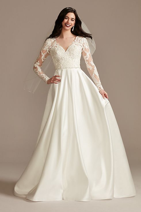 Long Sleeve Satin Applique Wedding Dress Image