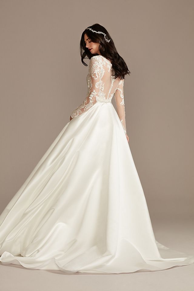 Long Sleeve Satin Applique Wedding Dress Image 3