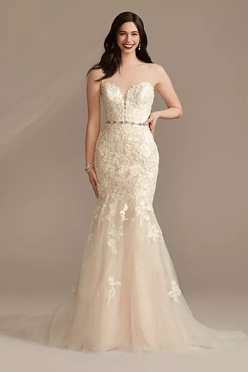 Lace Applique Mermaid Strapless Wedding Dress Image 1