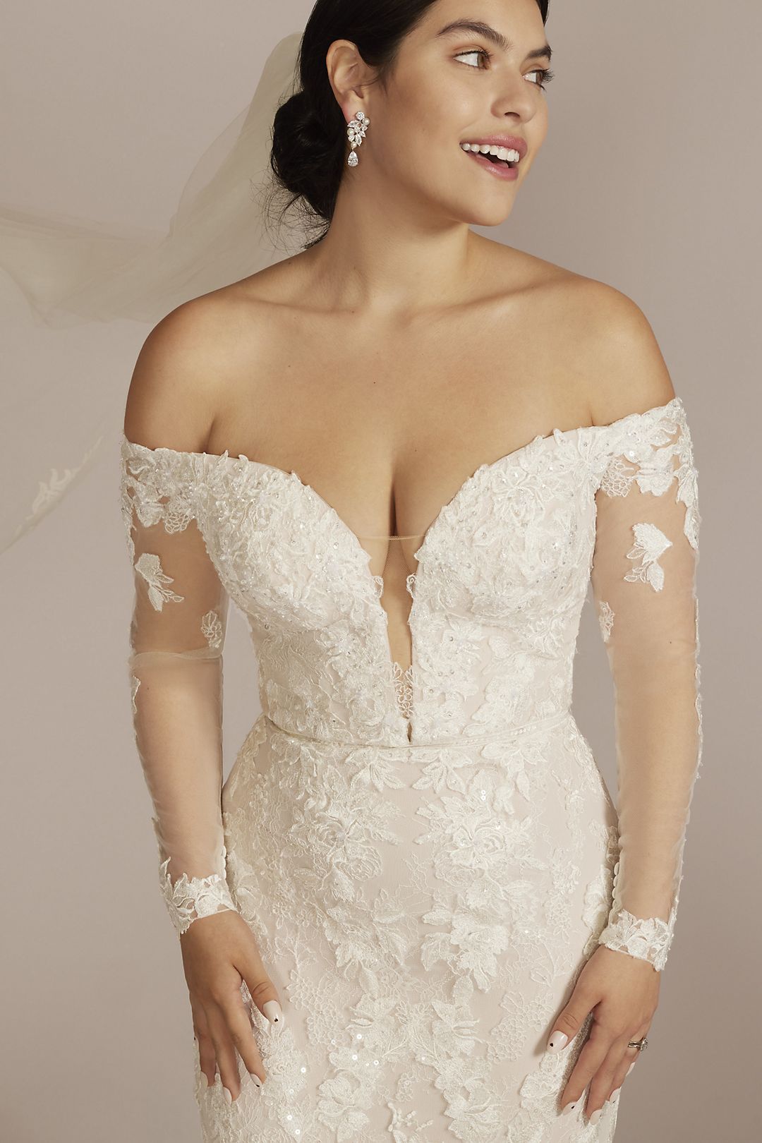 Off the Shoulder Lace Sleeve Trumpet Wedding Gown Image 3