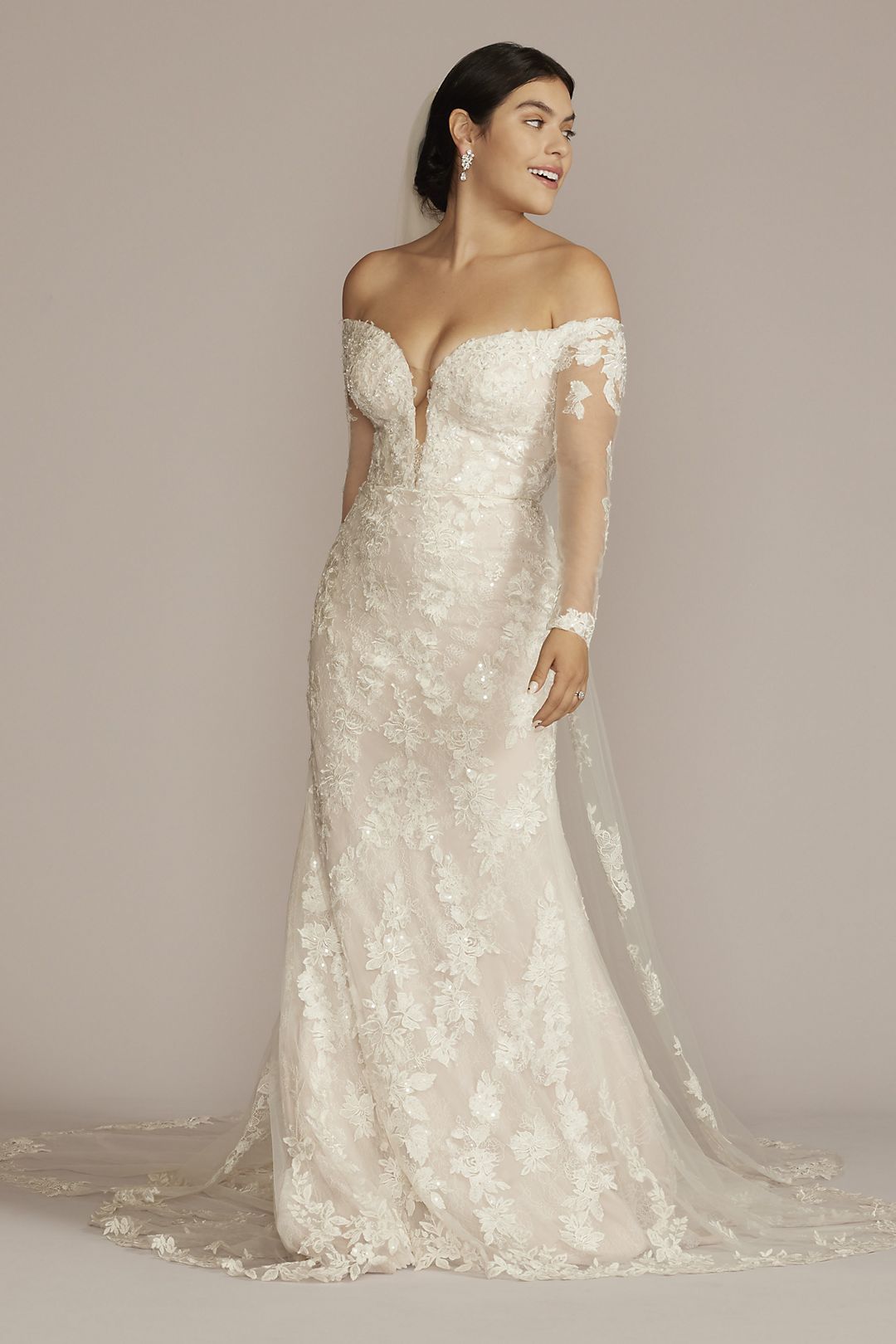 Off the Shoulder Lace Sleeve Trumpet Wedding Gown Image