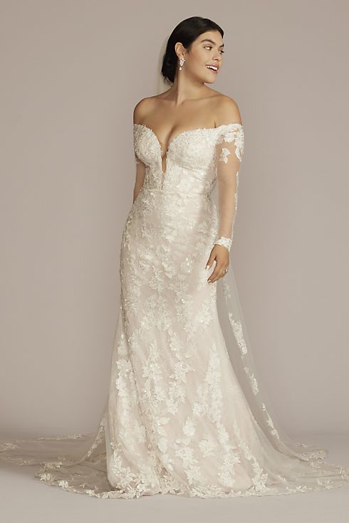 Off the Shoulder Lace Sleeve Trumpet Wedding Gown Image 1