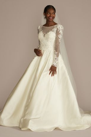 Beaded Lace and Satin Long Sleeve Wedding Dress David s Bridal