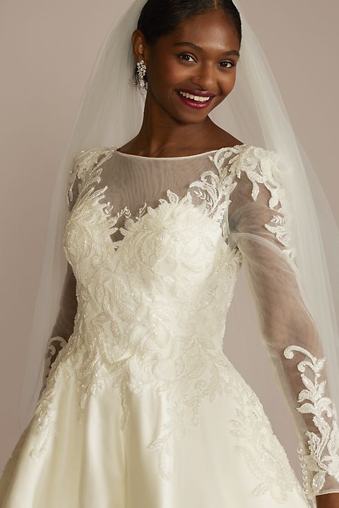 Beaded Lace and Satin Long Sleeve Wedding Dress Image 3
