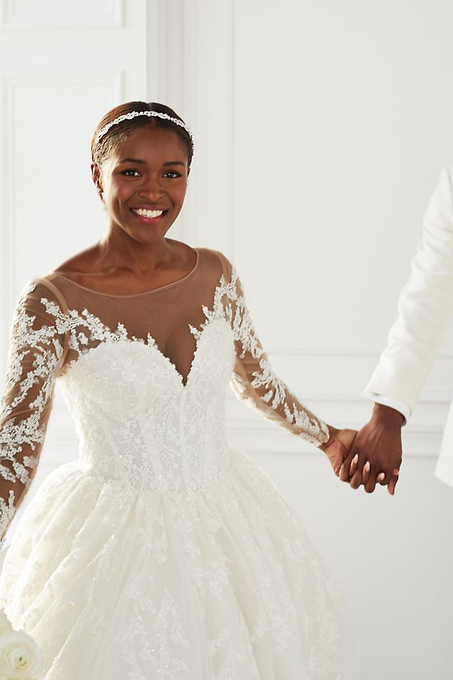 Lace Appliqued Illusion Long Sleeve Wedding Dress Image 5