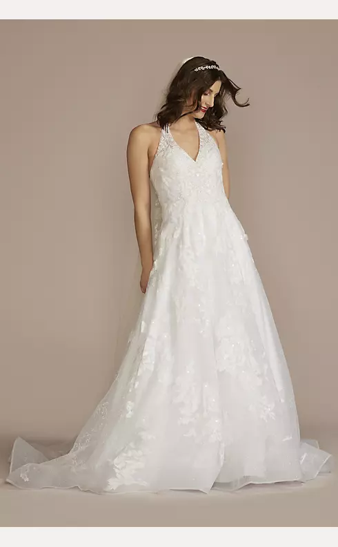 V-Neck Halter Beaded Lace Ball Gown Wedding Dress Image 1