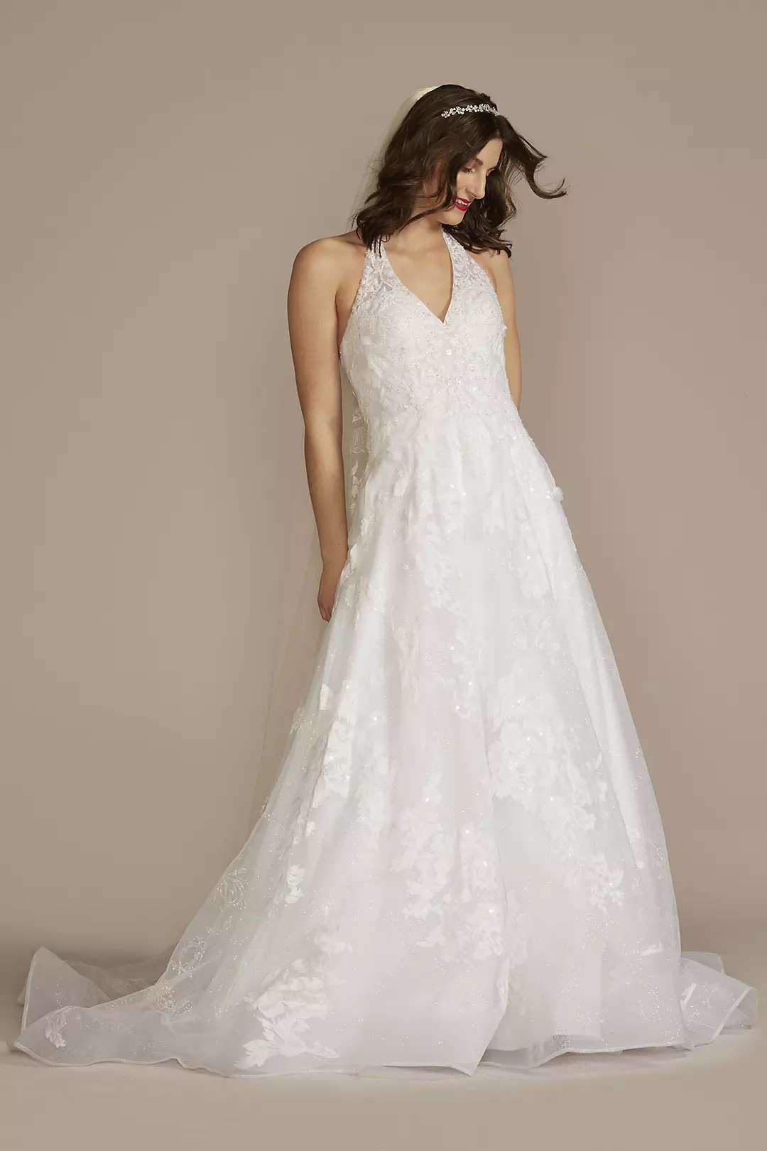 V-Neck Halter Beaded Lace Ball Gown Wedding Dress Image