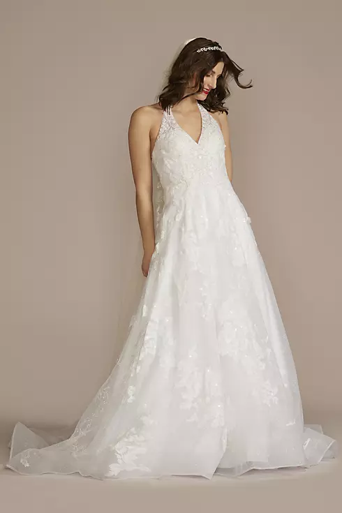V-Neck Halter Beaded Lace Ball Gown Wedding Dress Image 1
