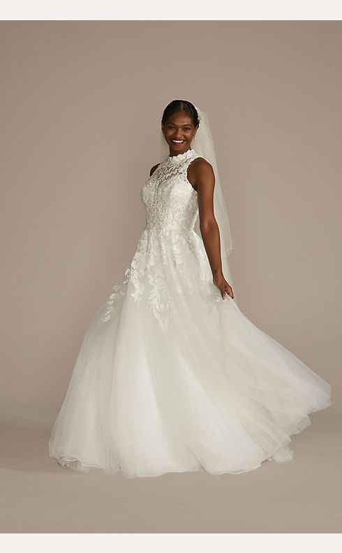 High Neck Lace Applique Tulle Wedding Dress | David's Bridal