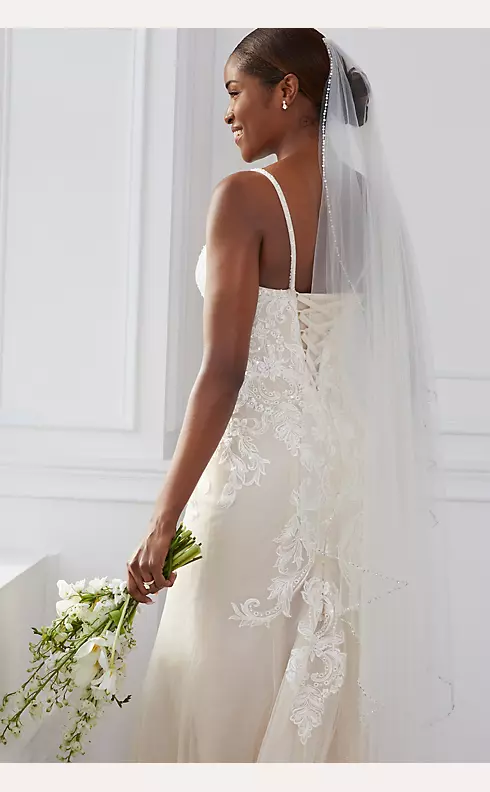 Appliqued Lace-Up Spaghetti Strap Wedding Dress