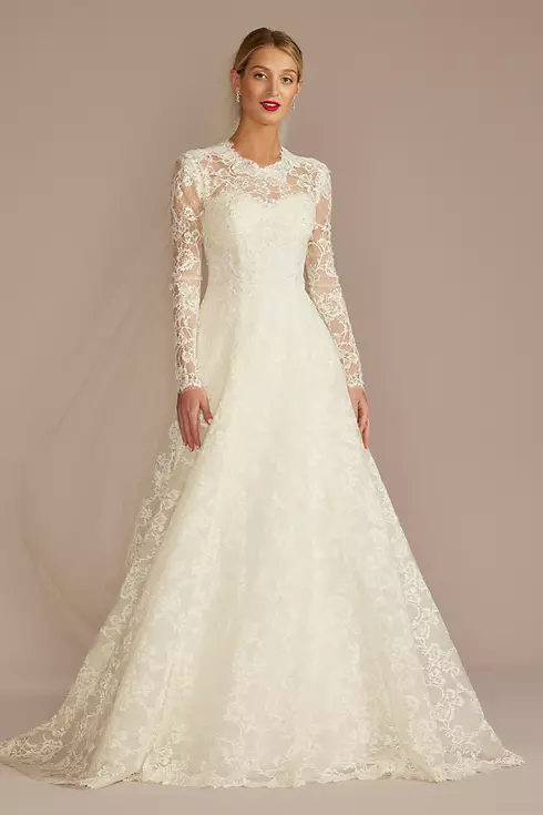 Allover Lace Long Sleeve Mock Neck Wedding Dress Image 1