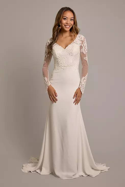 Long Sleeve Crepe Sheath Dress with Lace Appliques Image 1