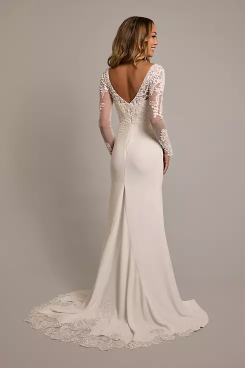 Long Sleeve Crepe Sheath Dress with Lace Appliques Image 2