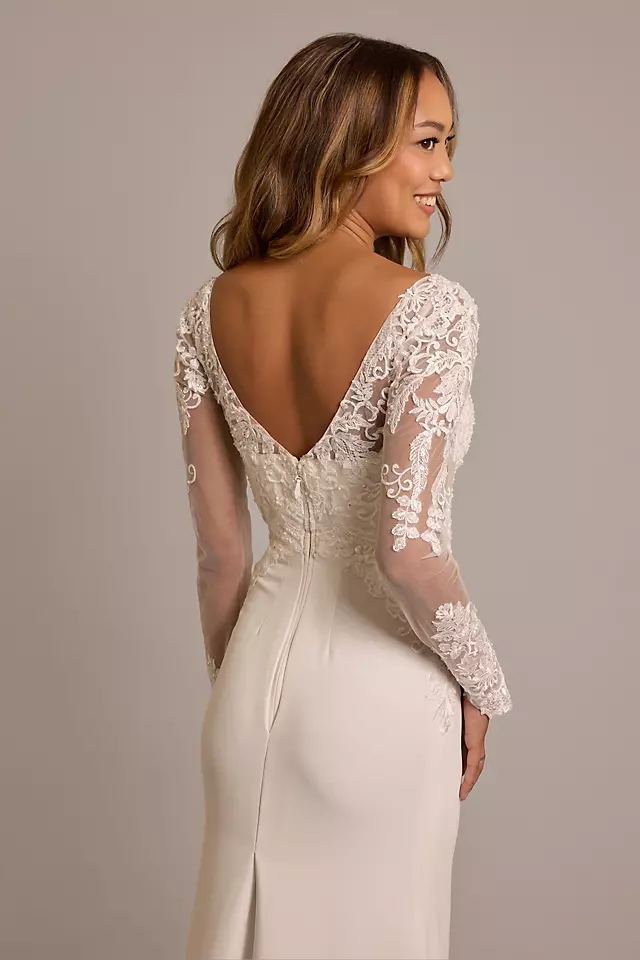 Long Sleeve Crepe Sheath Dress with Lace Appliques Image 3