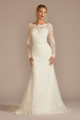 Illusion Plunge Long Sleeve Lace Wedding Dress