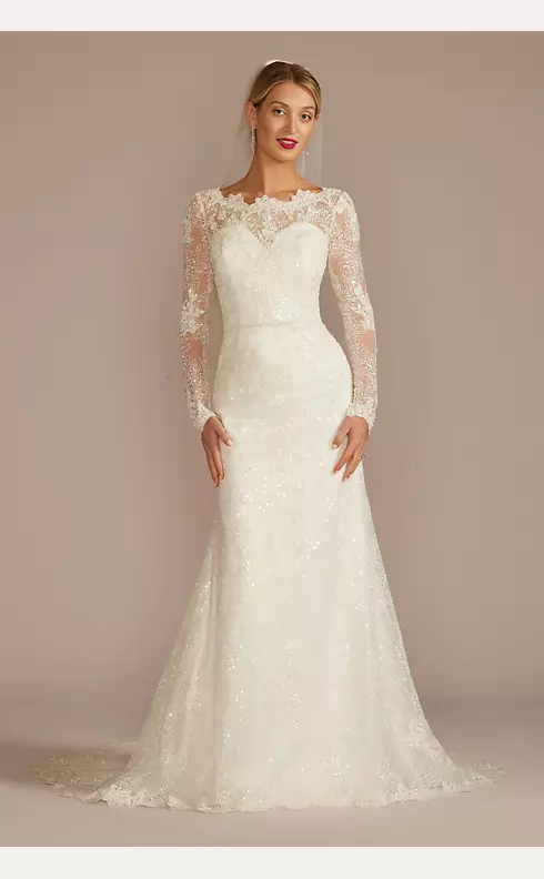 Beaded Lace Long Sleeve Sheath Wedding Dress Image 1