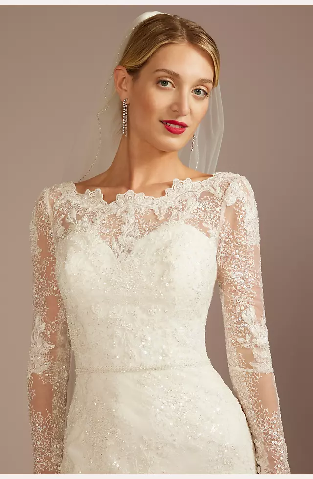 Beaded Lace Long Sleeve Sheath Wedding Dress Image 3
