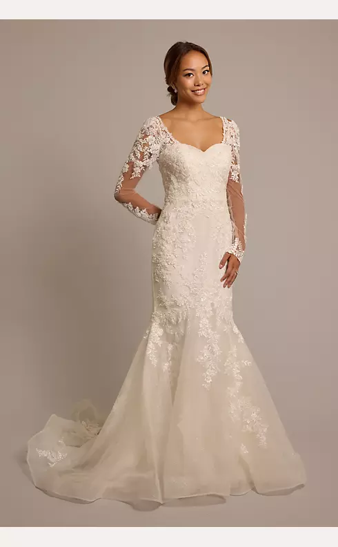 Beaded Tulle Long Sleeve Mermaid Wedding Dress Image 1