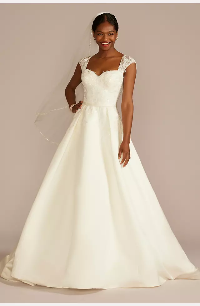 Lace Applique Cap Sleeve Satin Wedding Dress Image