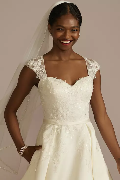 Lace Applique Cap Sleeve Satin Wedding Dress Image 3