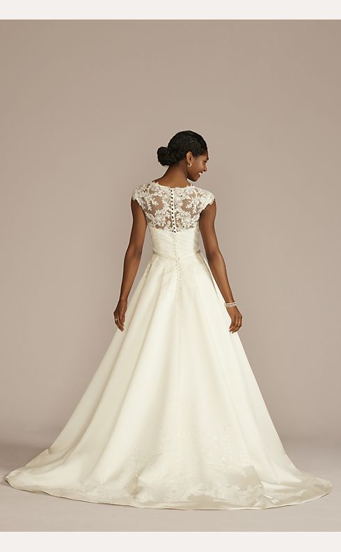 Lace Applique Cap Sleeve Satin Wedding Dress | David's Bridal