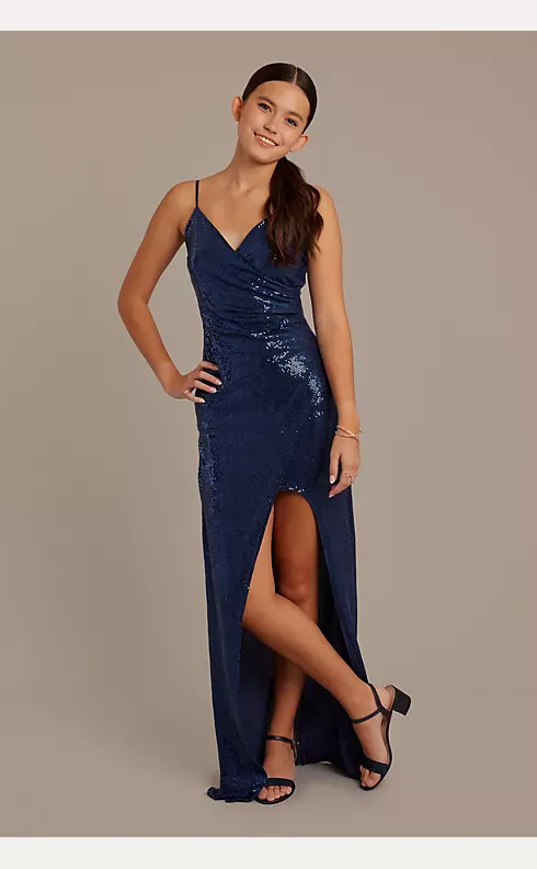 Allover Sequin V-Neck Sheath Gown with Slit Image 1