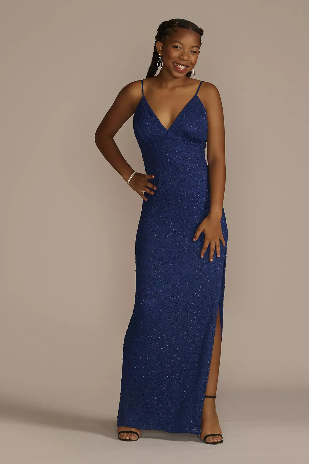 Glitter Stretch Lace V-Neck Sheath Gown | David's Bridal Glitter Stretch Lace V-Neck Sheath Gown | David's Bridal