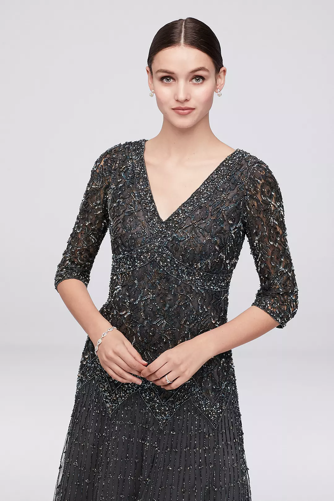 Allover Mixed Beading 3/4-Sleeve Plus Size Gown Image 3