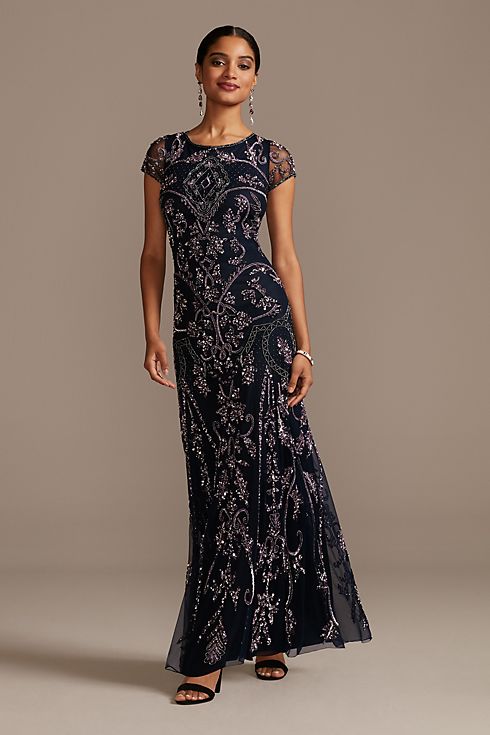 Bead and Sequin Embellished Scoopneck Mesh Gown Image