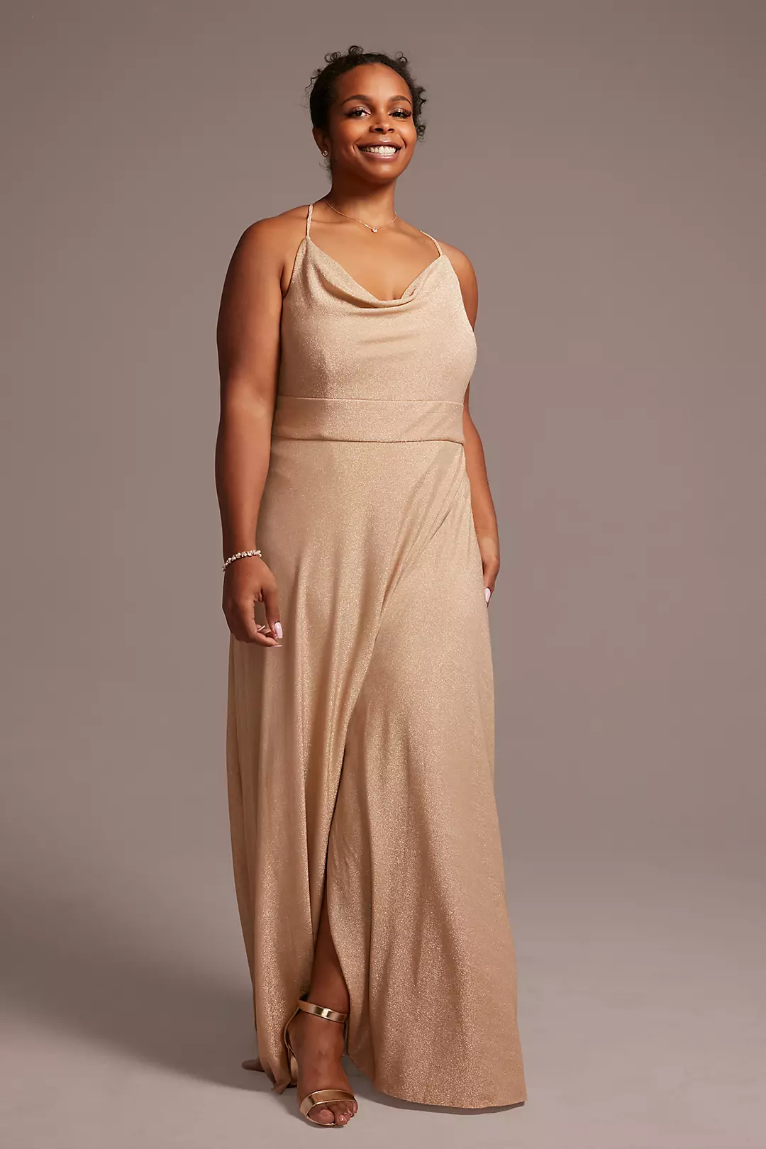 Metallic Cowl Neck Dress with Lace-Up Back Image