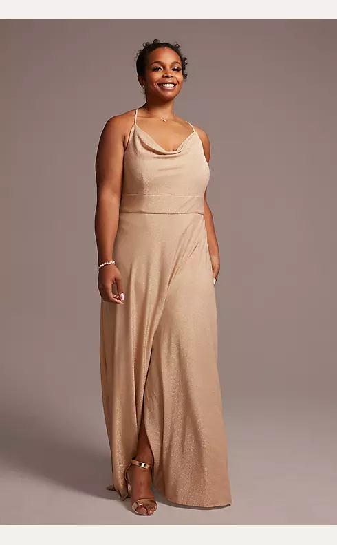 Metallic Cowl Neck Dress with Lace-Up Back Image 1