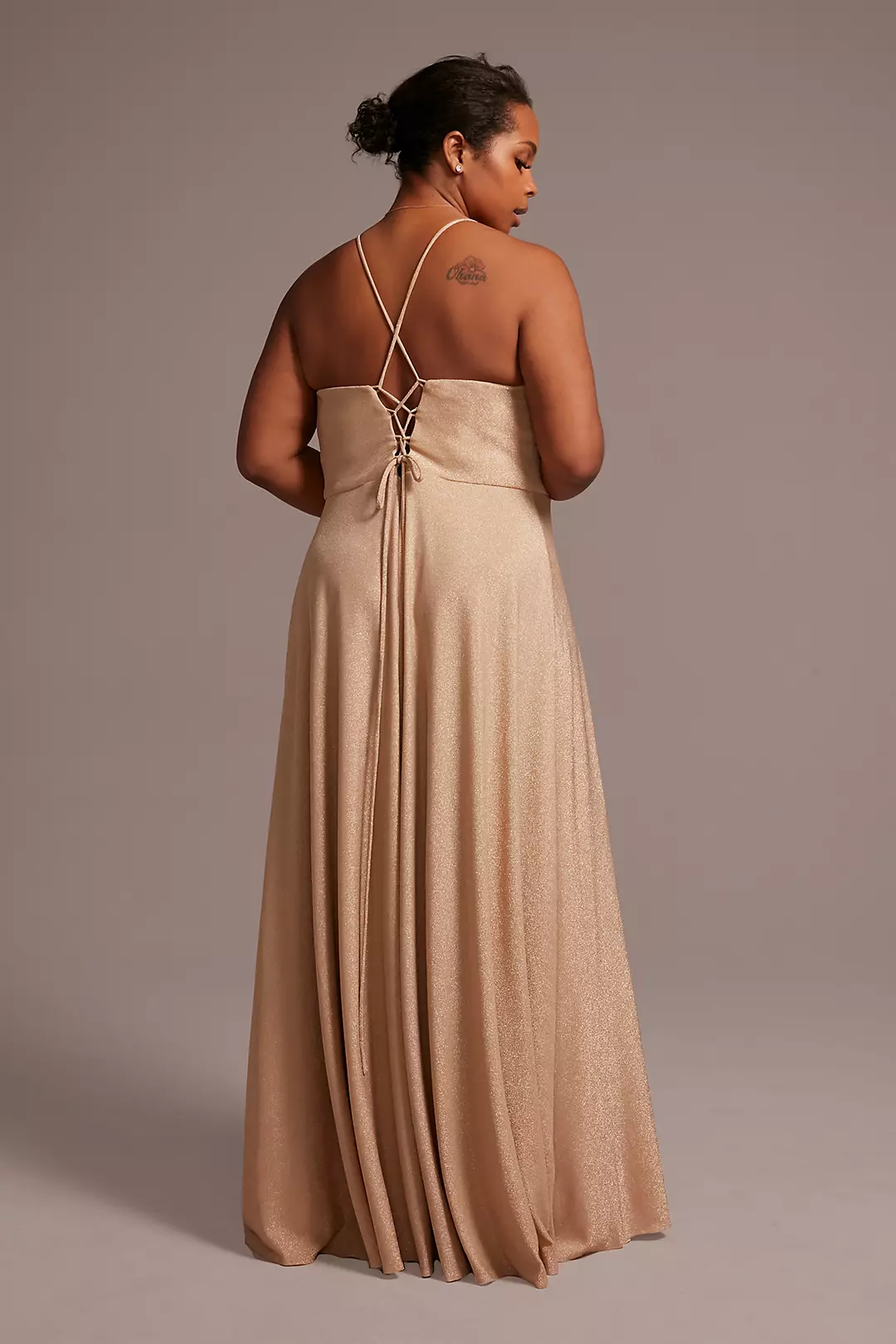 Metallic Cowl Neck Dress with Lace-Up Back Image 2