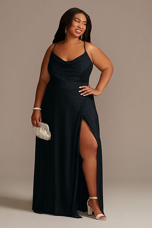 Metallic Cowl Neck Dress with Lace-Up Back Image 1
