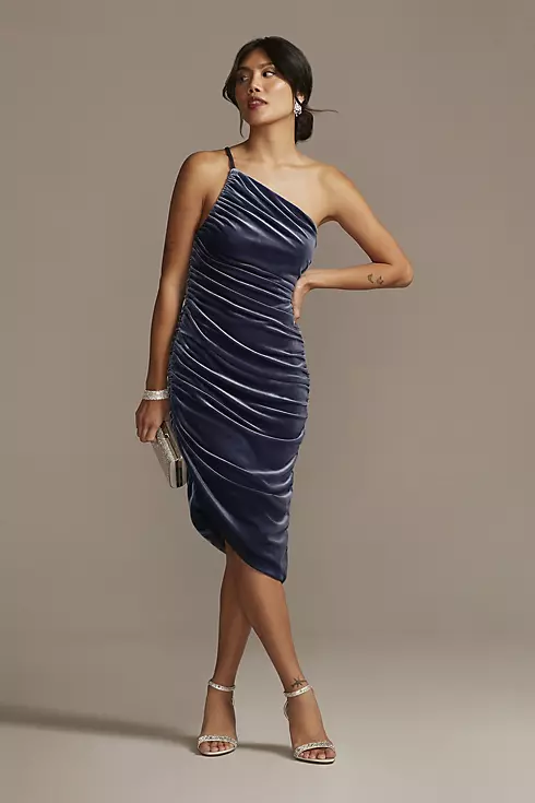 Asymmetrical Ruched Velvet Knee Length Dress Image 1