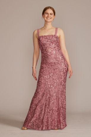 Square Neck Long Lace Dress with Illusion Waist | David's Bridal