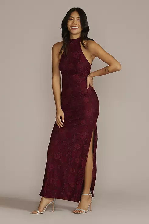 Allover Lace Halter Gown with Slit Image 1