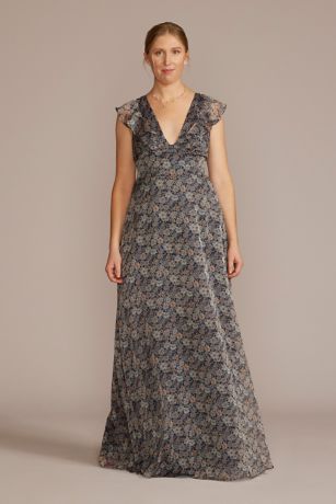 Plunging Printed Chiffon Gown with Ruffles