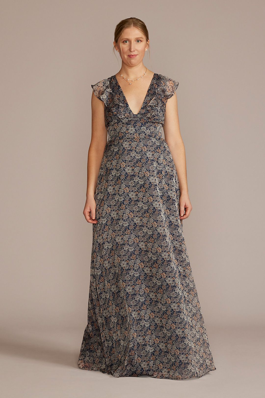 Plunging Printed Chiffon Gown with Ruffles Image 1