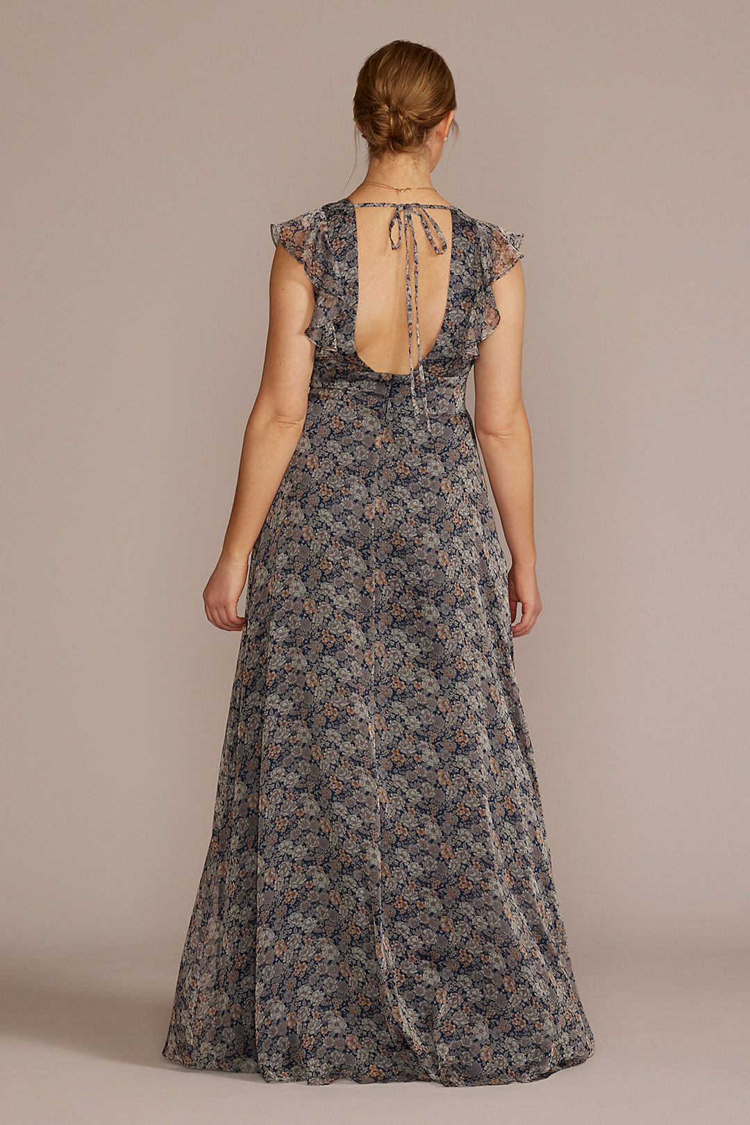 Plunging Printed Chiffon Gown with Ruffles Image 2