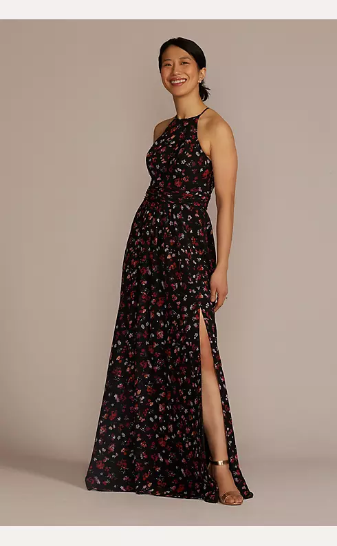 Floral Print Halter A-Line Dress with Slit Image 1