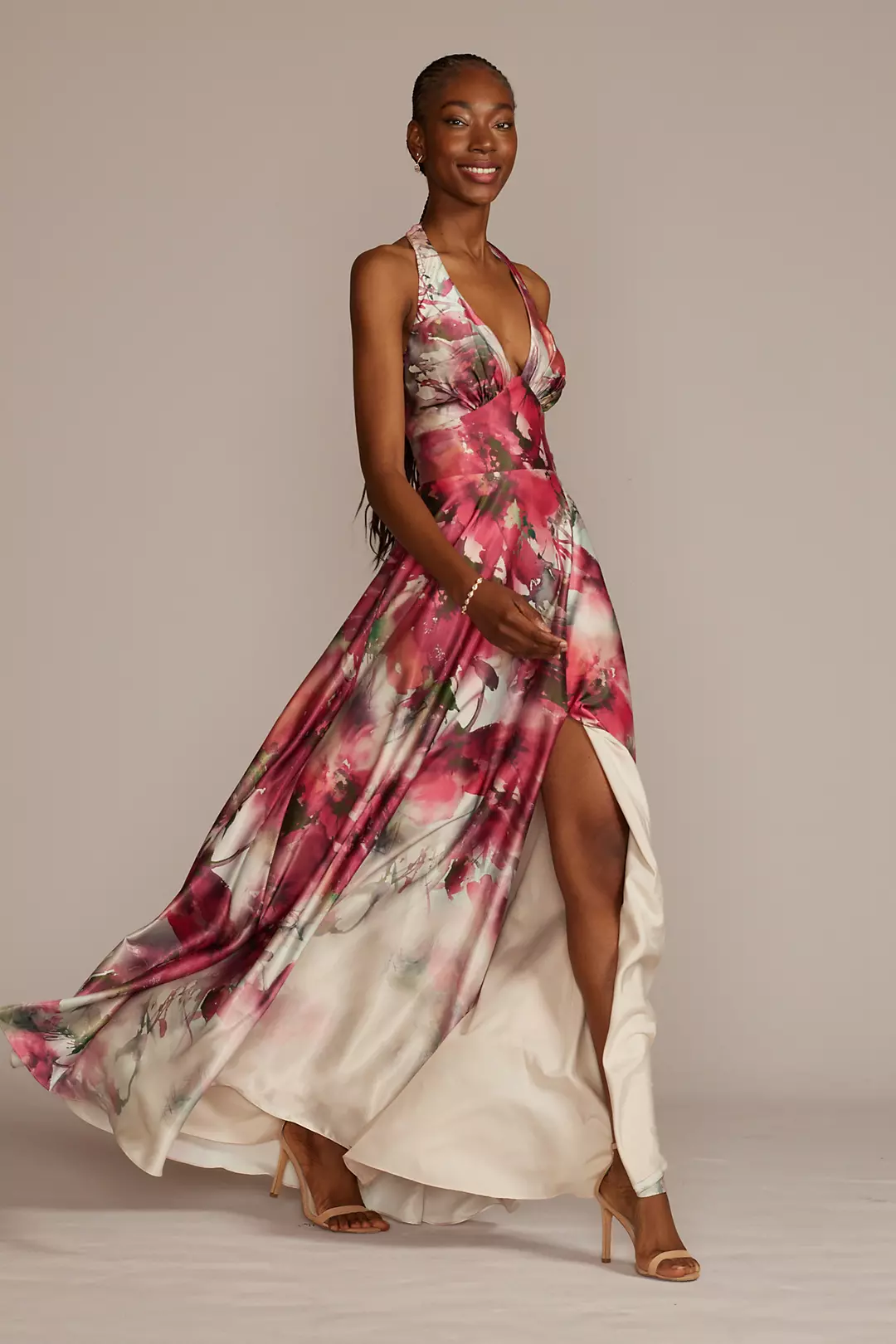 Floor Length Floral Print Halter Dress with Slit