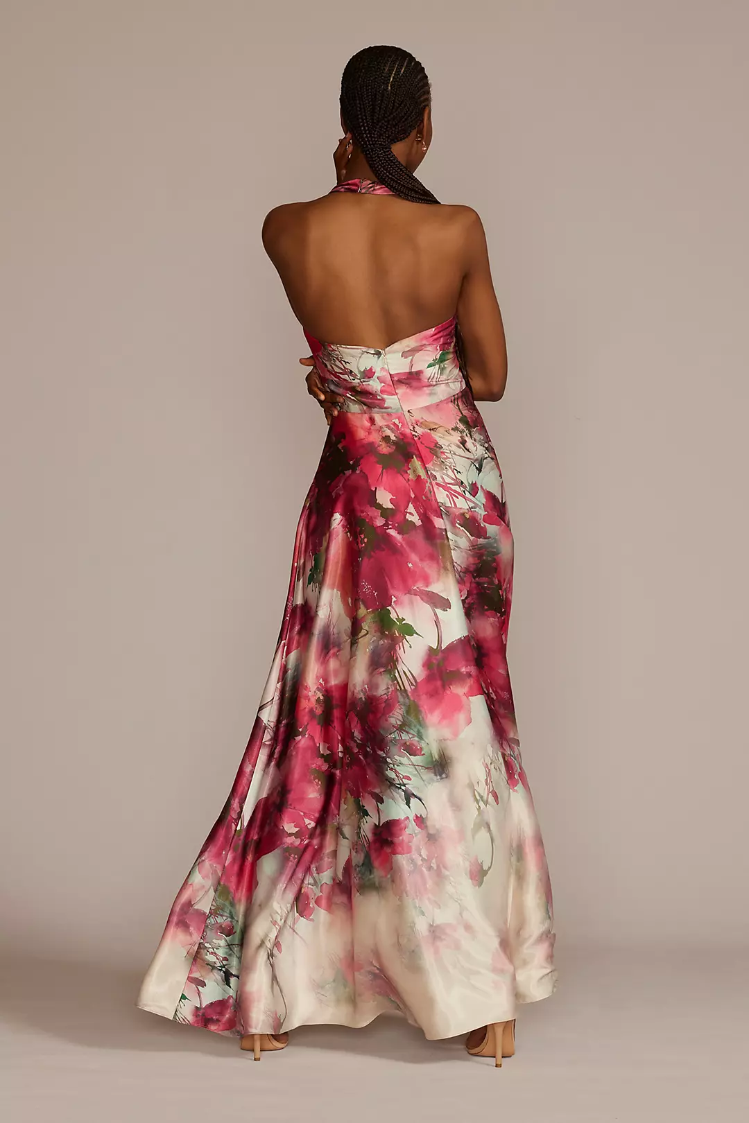 Floor Length Floral Print Halter Dress with Slit | David's Bridal