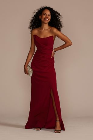 Strapless Draped Straight Neck Crepe Sheath Dress